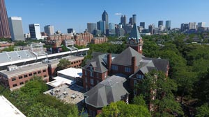 aerial view of Georgia Tech campus and Atlanta city skyline.